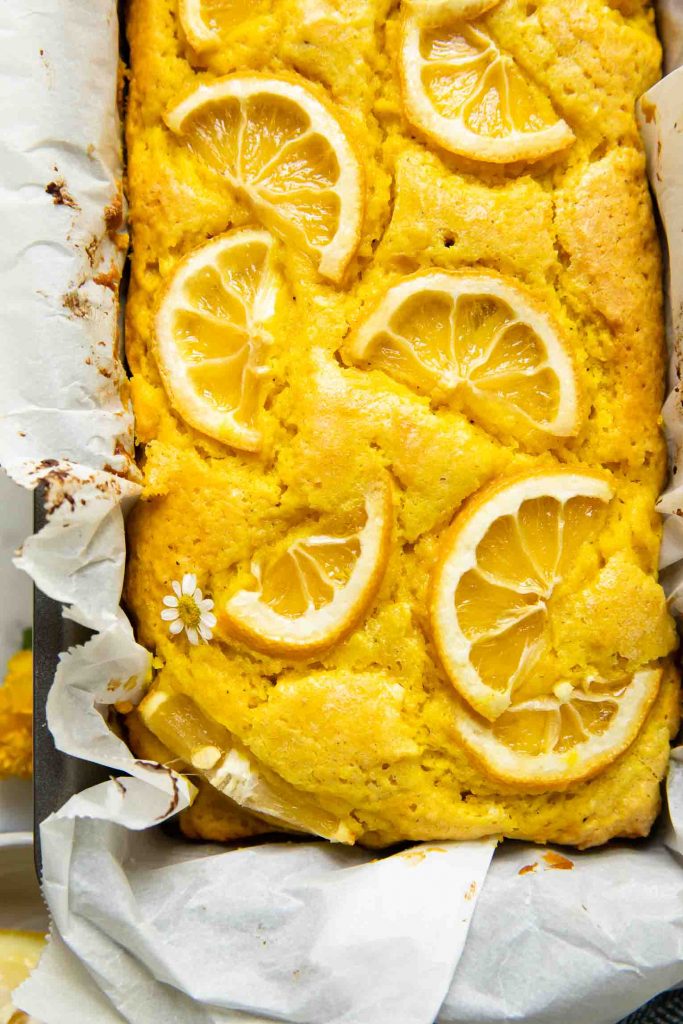 Close up of Lemon Turmeric Cake.