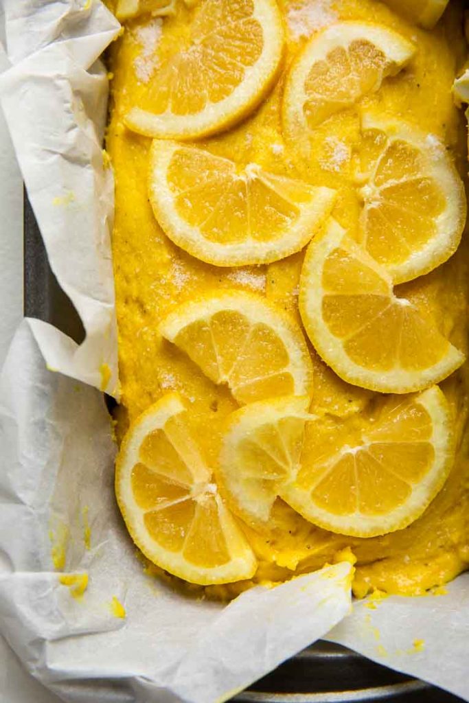 Lemon turmeric cake batter in a loaf pan.