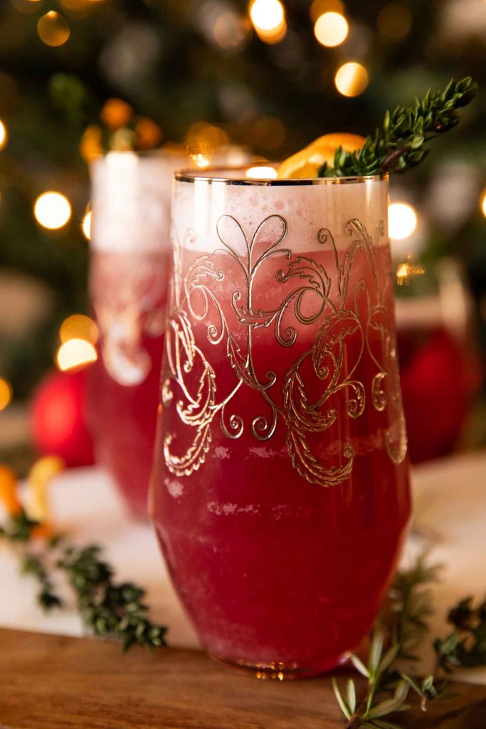 Close up of Spiced Cranberry Gin Fizz with garnish.