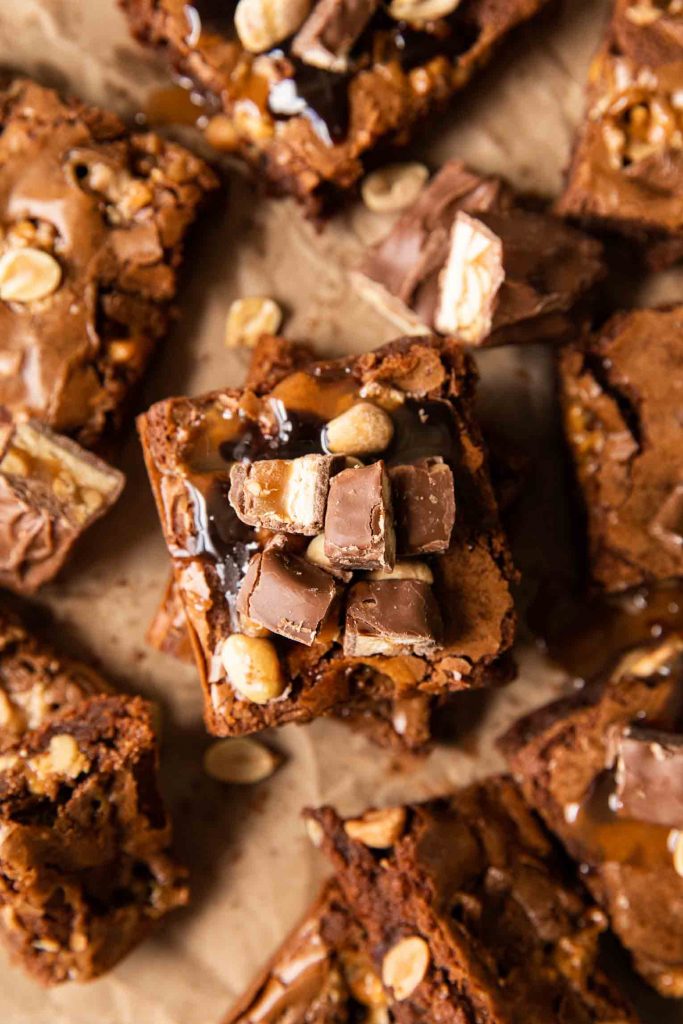 Close up of Snickers Brownies.