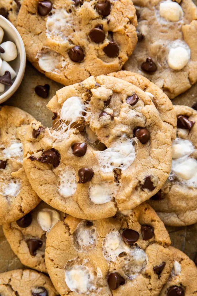 Gooey s'more cookie with chocolate chips and marshmallows.