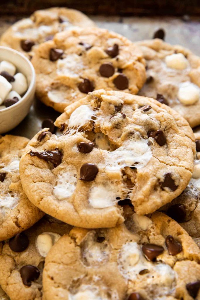 Angled photo of Chocolate Chip Marshmallow Cookies (S'more Cookies).