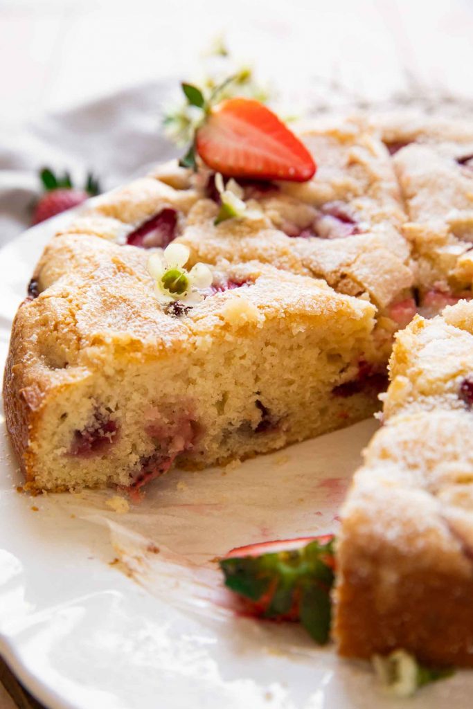 Across photo of French strawberry cake.