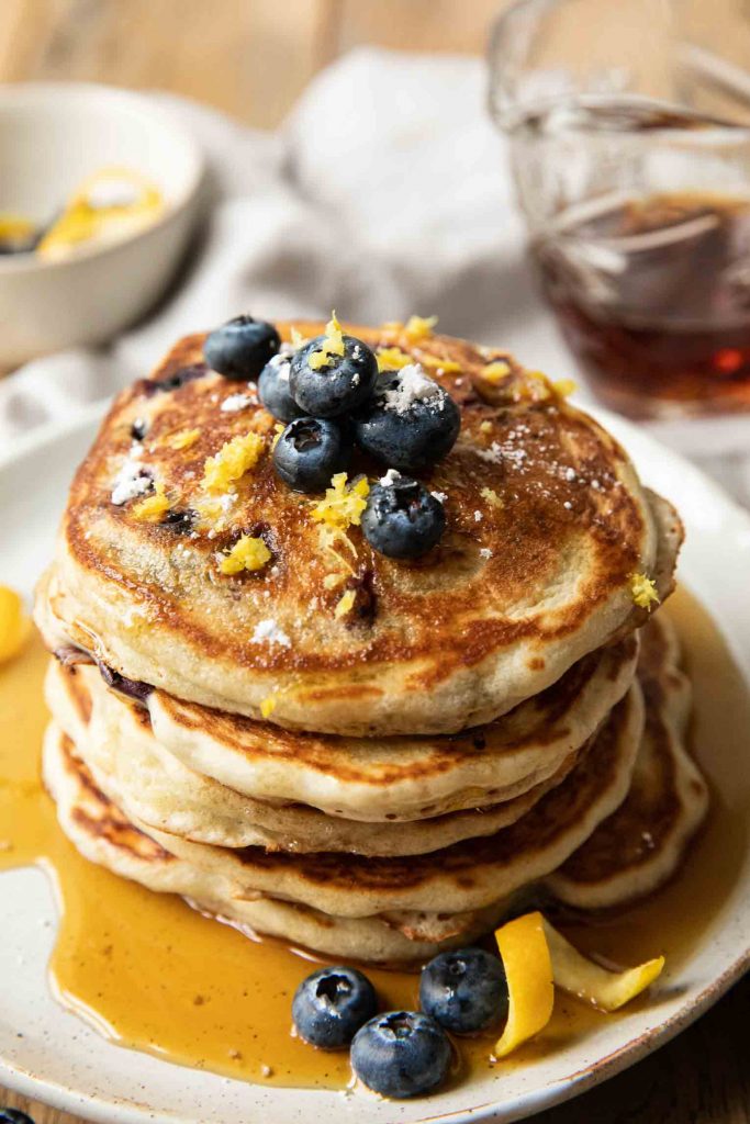 Angled photo of Lemon Blueberry Pancakes.