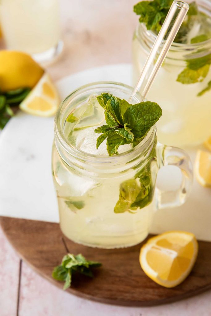 Angled photo of mint lemonade.