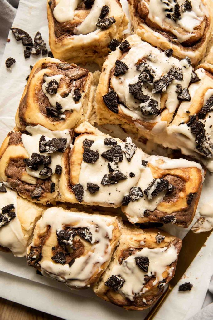 Cookies & Cream Cinnamon Rolls with Oreo crumbles and icing.
