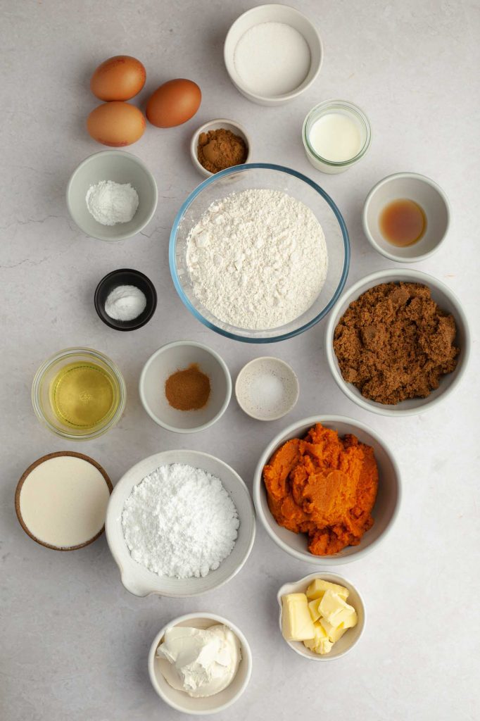 Ingredients for pumpkin bread with cream cheese.