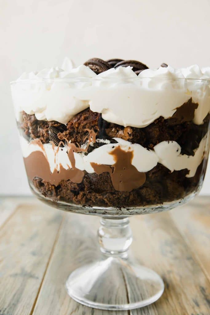 Beautiful Chocolate Oreo Trifle in a glass bowl.