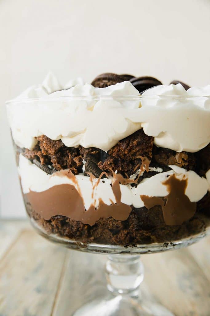Chocolate Oreo Trifle with a brownie layer, pudding layer, and whipped cream.