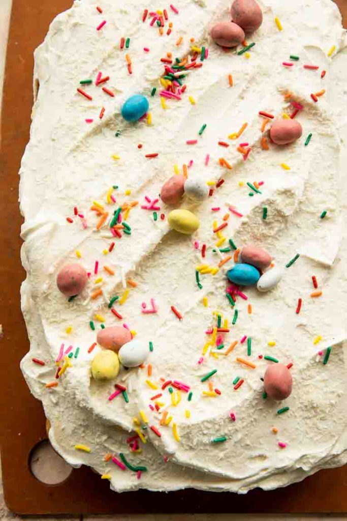 Easter cake with robins eggs and sprinkles.