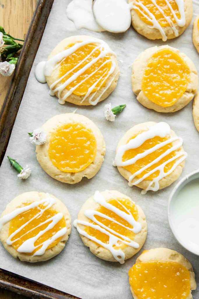 Top photo of Lemon Bar Cookies on a baking sheet.