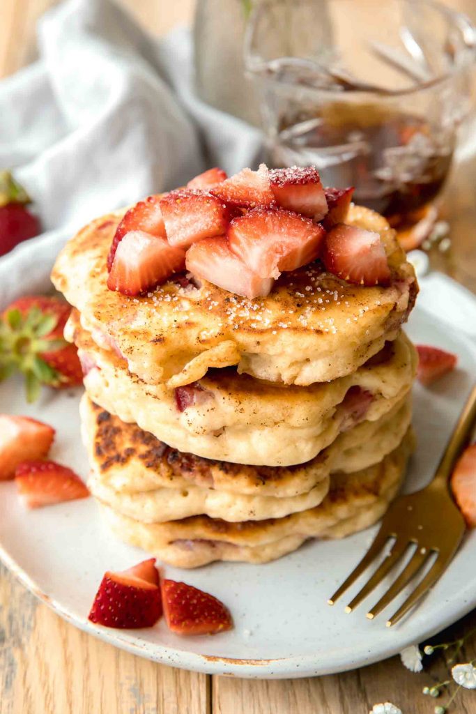 Angled photo of Strawberry Pancakes Recipe.