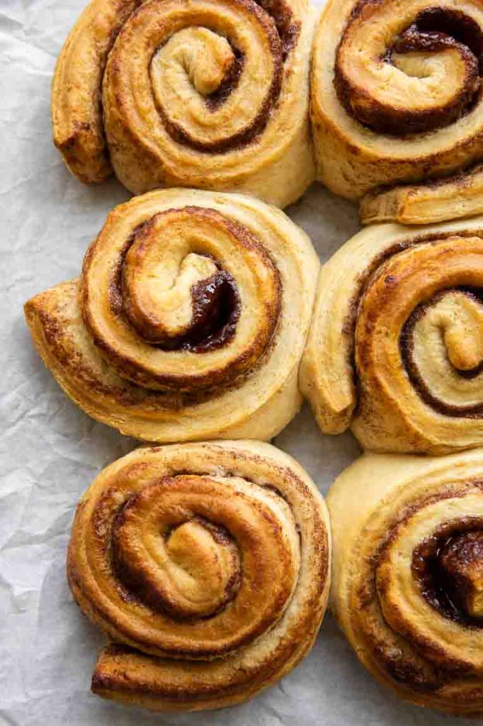 Freshly baked cinnamon rolls without icing.