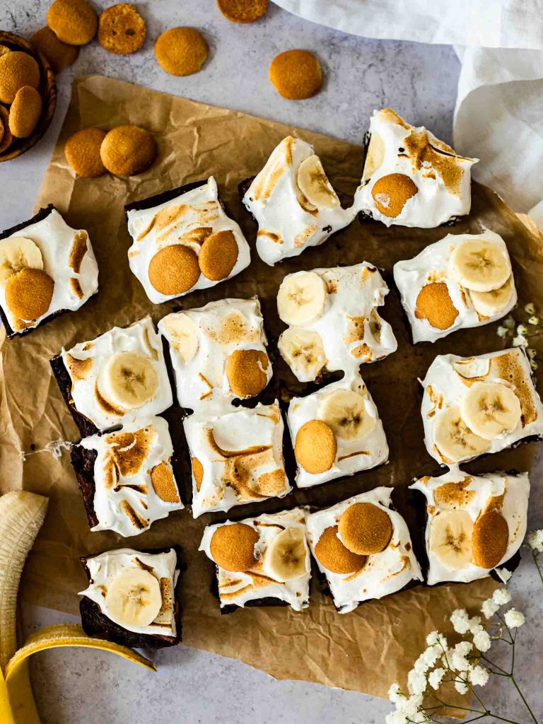 Top shot photo of Banana Pudding Brownies on parchment paper.