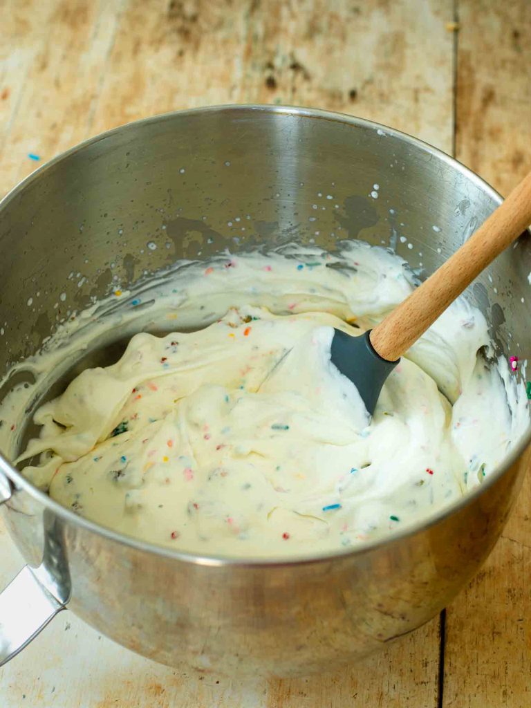 Homemade birthday ice cream batter being mixed.