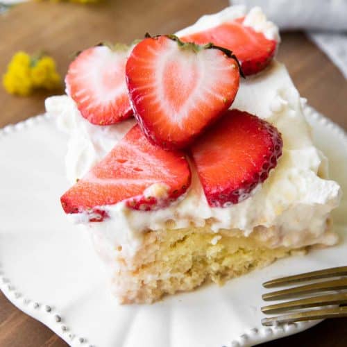 Angled photo of Strawberry Tres Leches Cake.