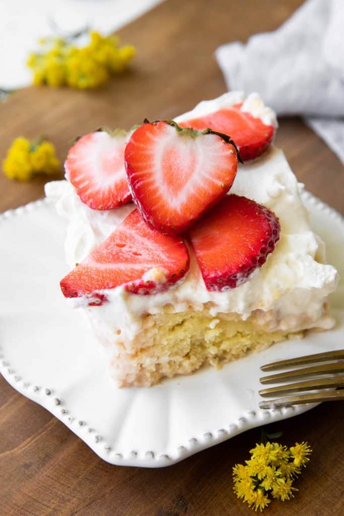 Angled photo of Strawberry Tres Leches Cake.