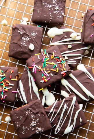 Chocolate-Covered Graham Crackers recipe with white chocolate, sprinkles, and salt.