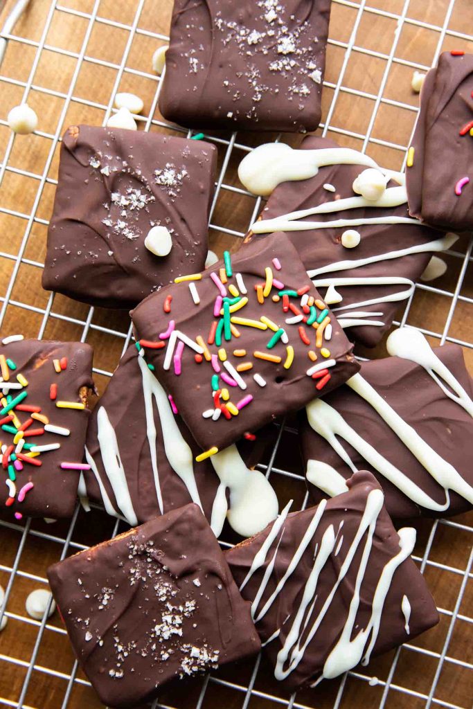 Chocolate-Covered Graham Crackers recipe with white chocolate, sprinkles, and salt.