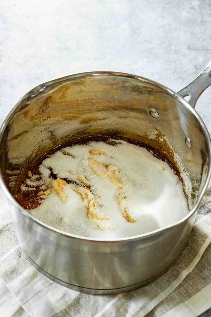 Sugar being cooked in a pan.