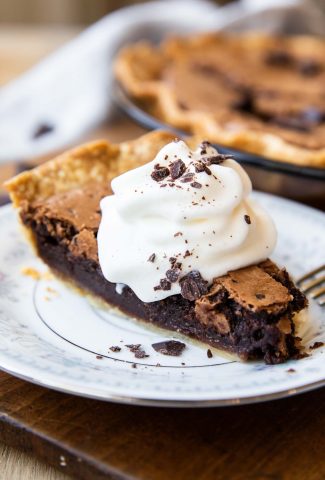 Angled photo of Chocolate Chess Pie recipe on a plate.