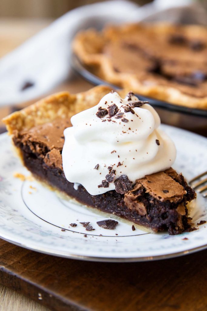 Angled photo of Chocolate Chess Pie recipe on a plate.