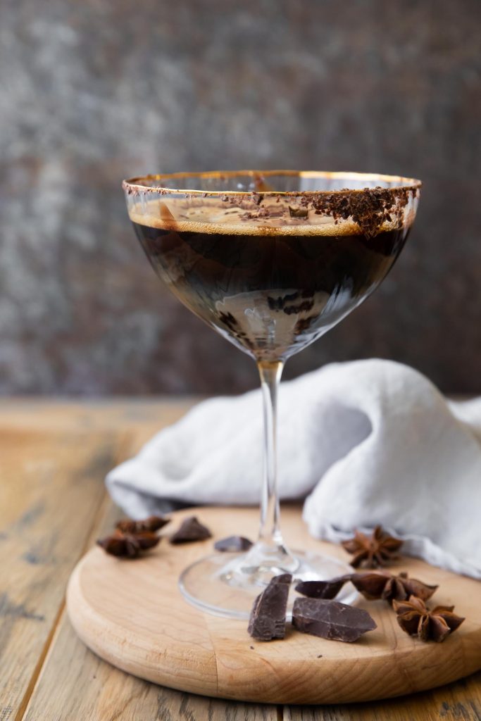 Across photo of a Chocolate Espresso Martini in a coupe glass.