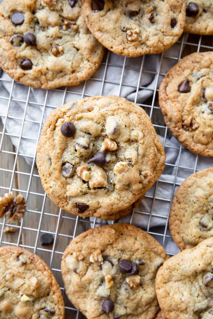 Chocolate Chip Walnut Cookies on a cooling rack.