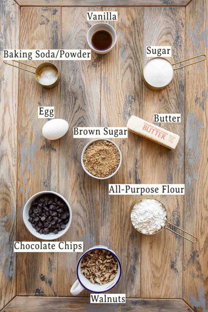 Ingredients list for Chocolate Chip Walnut Cookies recipe.