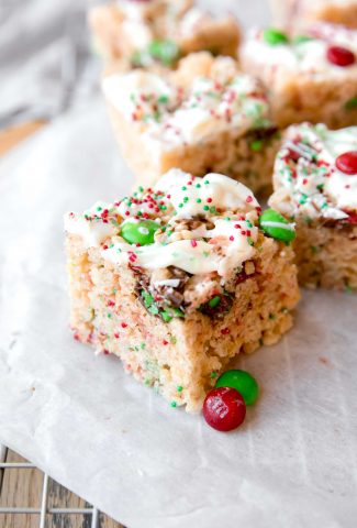 Angled photo of Christmas Rice Krispies Treat close up.