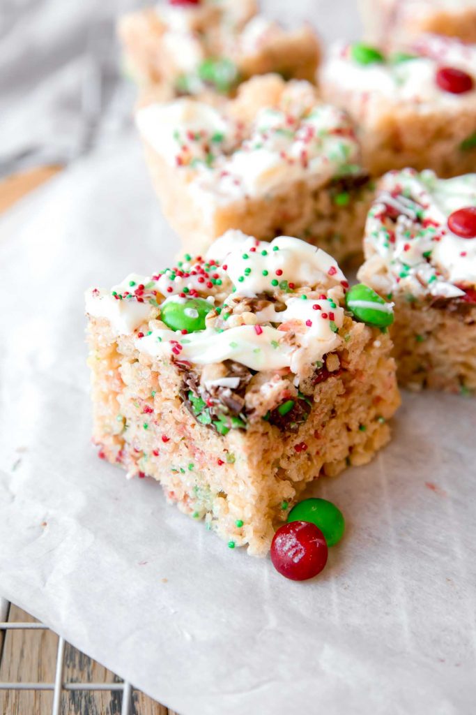 Angled photo of Christmas Rice Krispies Treat close up.