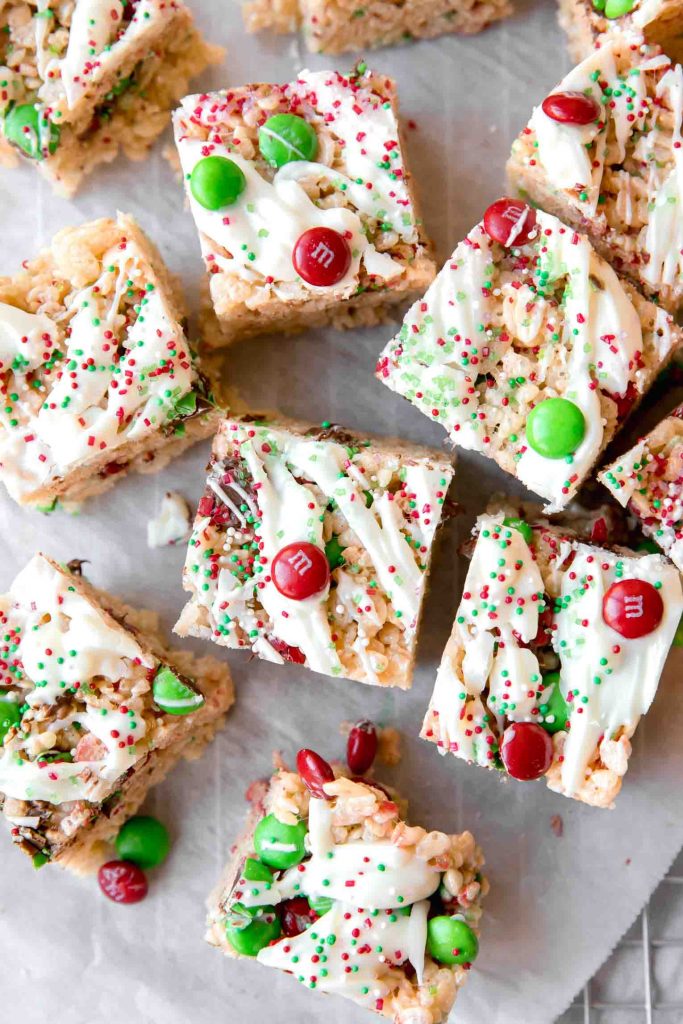 Rice Krispies with holiday candy on top.