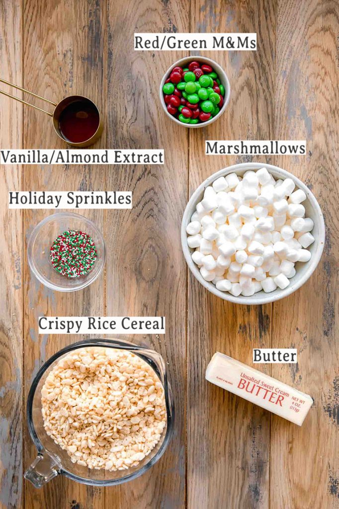 Ingredients for Christmas Rice Krispies Treats recipe.