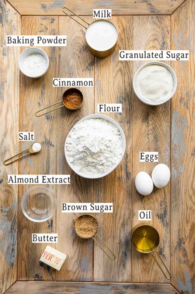 Recipe ingredients for Cinnamon Streusel Muffins.