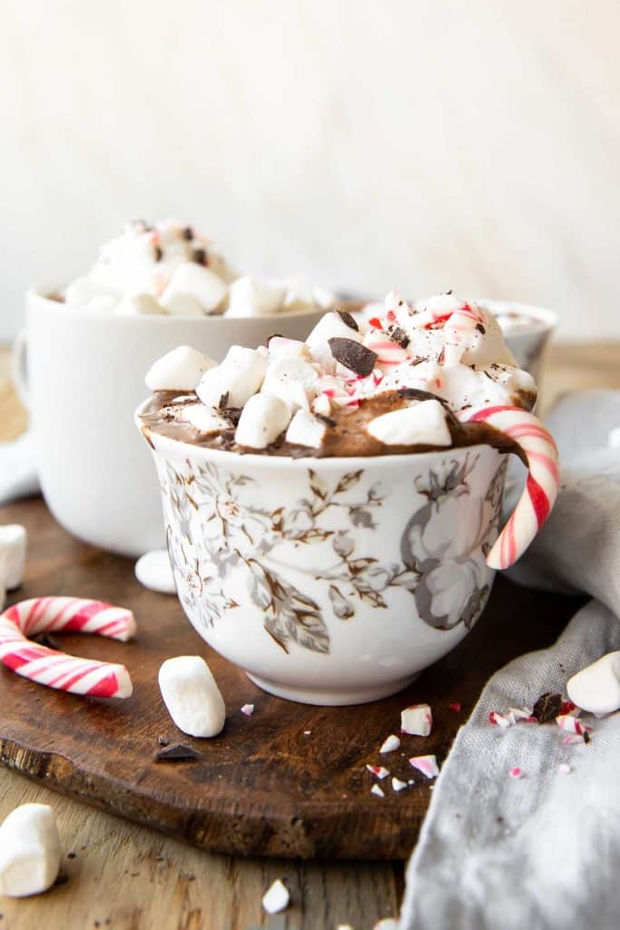 Crockpot Hot Chocolate in a cup with peppermint.