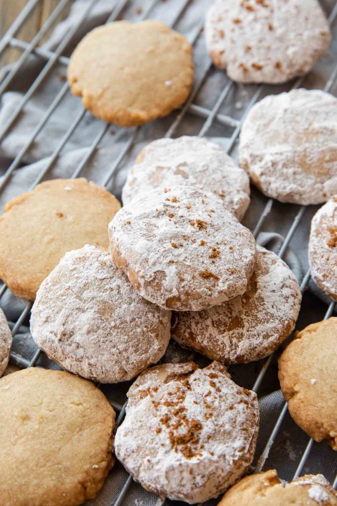 Angled photo of Mexican Cinnamon Cookies in powdered sugar and cinnamon.