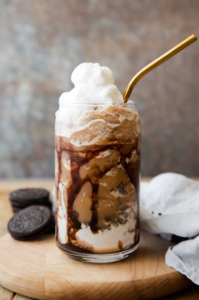 Mocha Cookie Crumble Frappuccino topped with whipped cream.