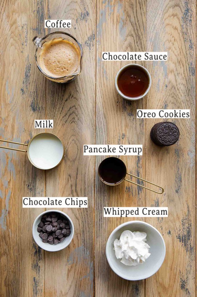Ingredients for Mocha Cookie Crumble Frappuccino recipe.