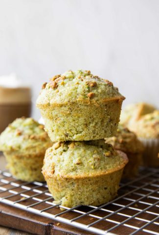 Close up of Pistachio Muffins stacked.