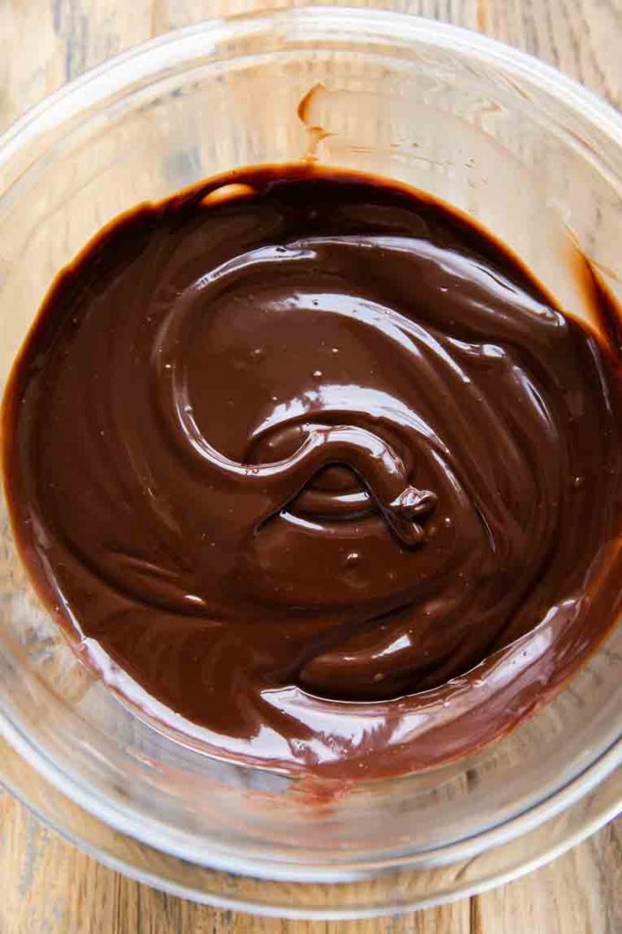 Creamy chocolate ganache warm in a bowl.