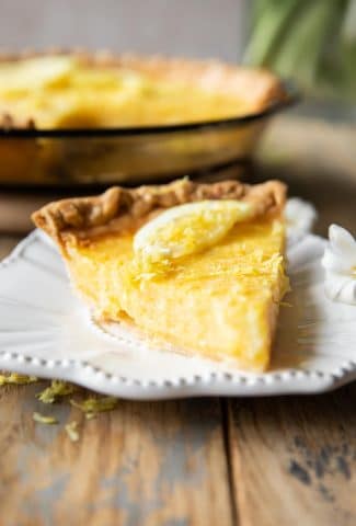 Close up across photo of lemon chess pie recipe.