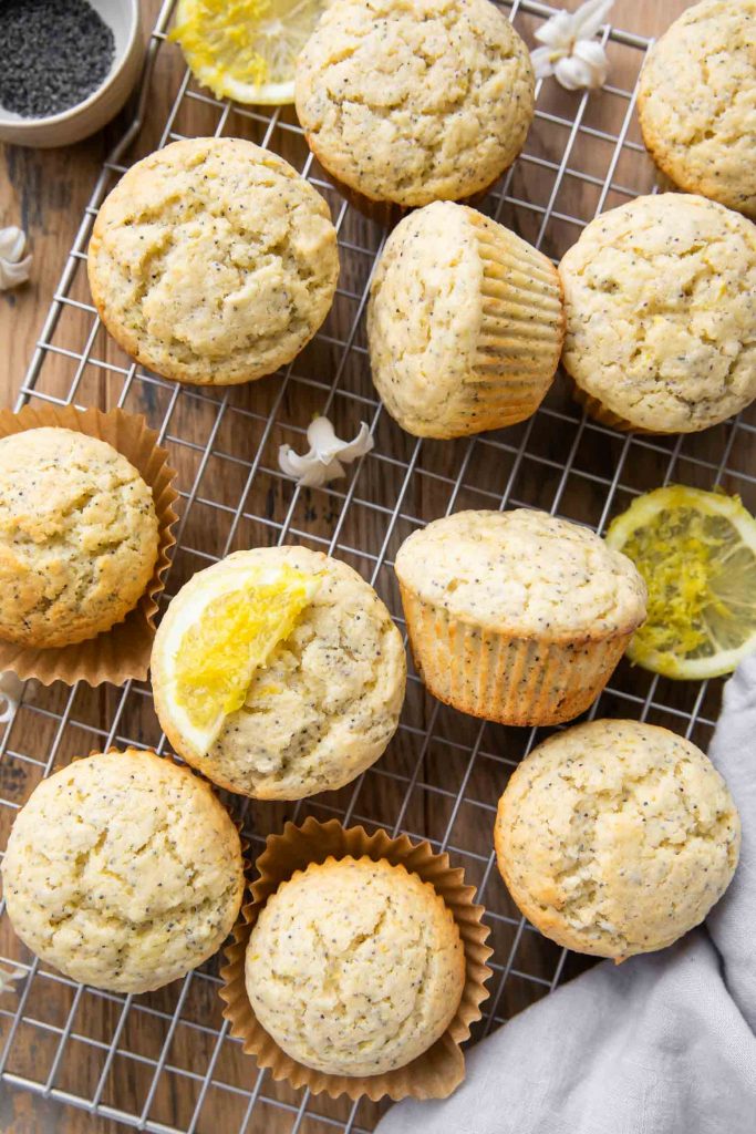 Lemon Poppy Seed Muffins on a cooling rack.