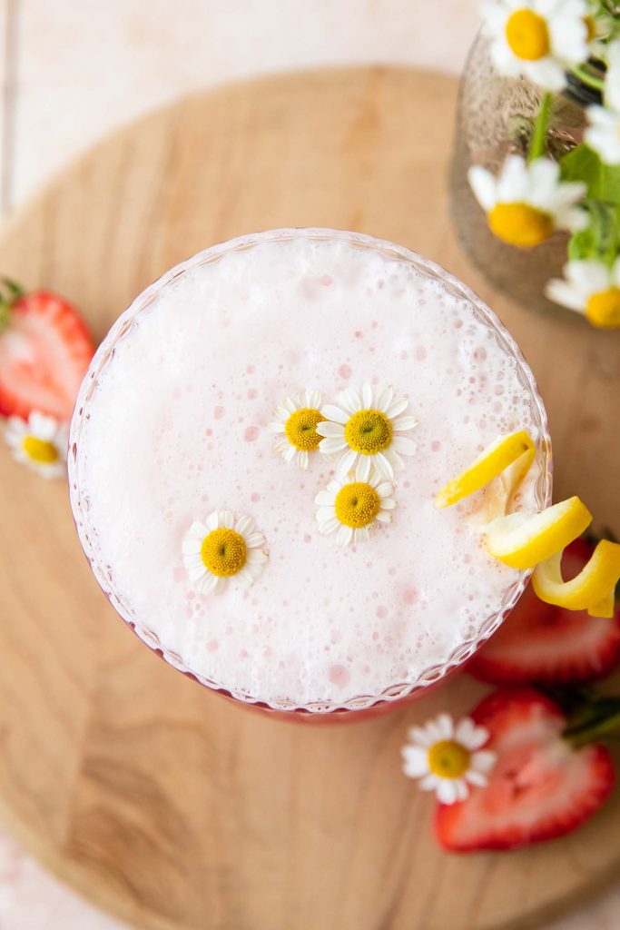 Top shot of frothy Pink Gin Sour recipe.