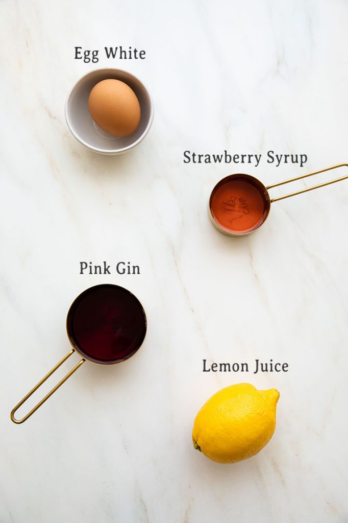 Ingredients for easy Pink Gin Sour.