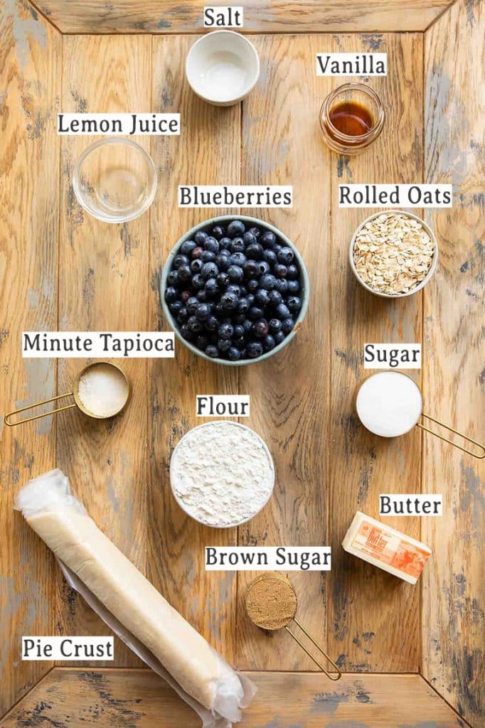Ingredients for Blueberry Crumble Pie recipe.