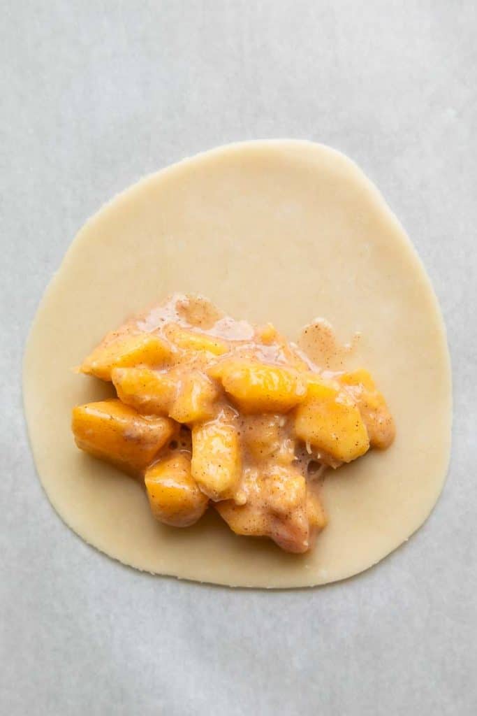 Pie crust with peach filling.
