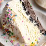 Close up of a slice of Ice Cream Cake on a plate.