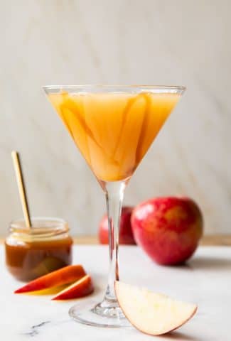 Across photo of Caramel Apple Martini fall cocktail recipe.