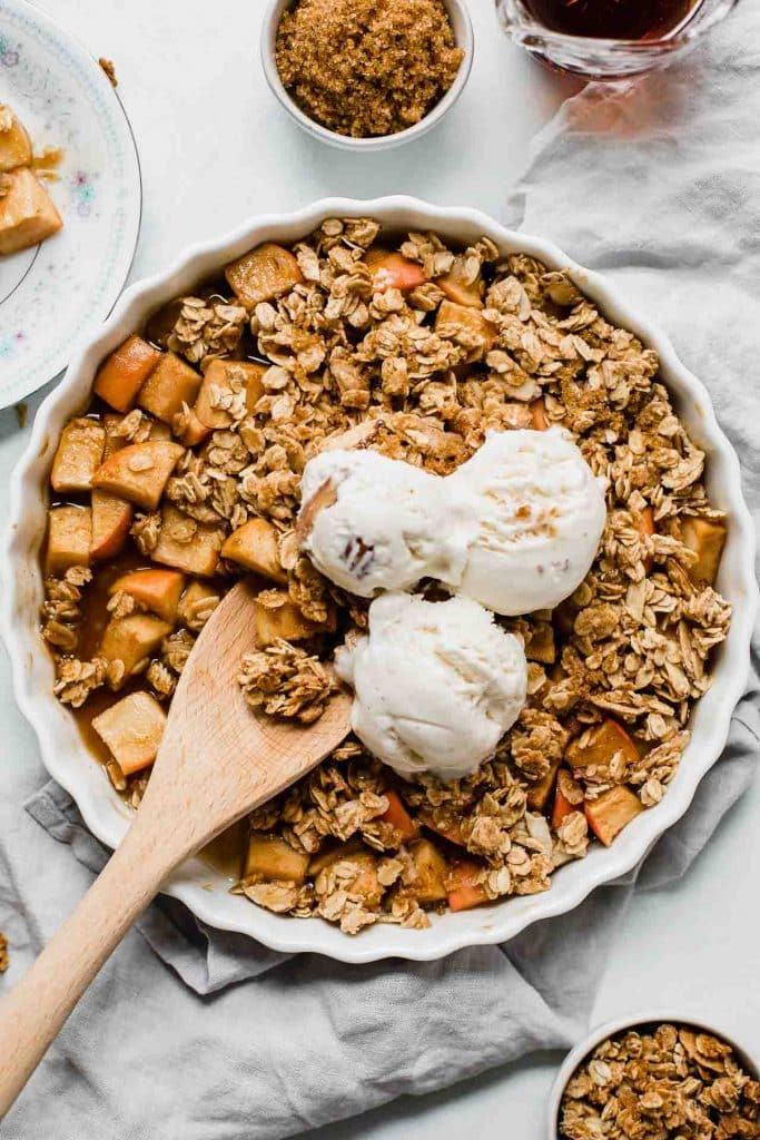 Apple crisp recipe with a spoon.