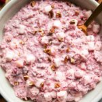 Close up of Cranberry Salad with marshmallows and pineapple.